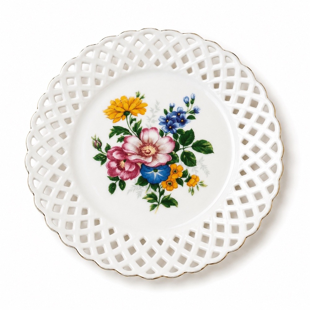 Porfin Cluj-Napoca Romania Reticulated Floral Porcelain Plate Gold Trim 7.5in